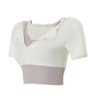 瑜伽短袖女带胸垫裸感紧身跑步假两件运动T恤露脐夏季健身服上衣