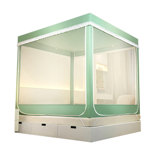 坐床式蚊帐蒙古包三开门U形拉链方帐回底方顶不锈钢加粗可拆洗A类