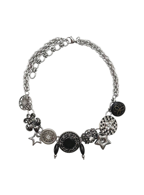 后摇黑色纽扣复古项链钛钢