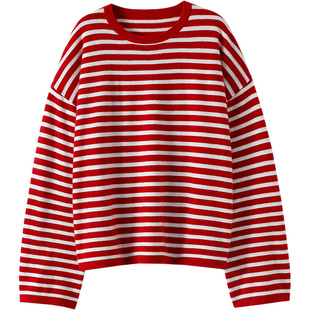 天价视觉感！100%纯山羊绒衫女圆领条纹阔袖纯羊绒毛衣针织衫秋冬