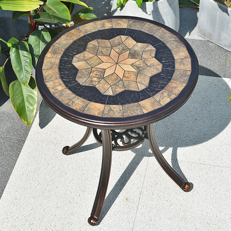 户外露台阳台小桌子花园走廊庭院小茶几金属瓷砖拼花台铝合金圆桌