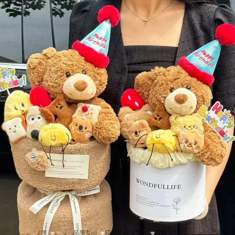 毛绒小熊玩偶花束闺蜜生日礼物女手捧花抱桶母亲520情人节送女友