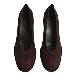 ALIAS MAE进口牛皮麂皮黑色复古时髦圆头中跟粗跟浅口女单鞋