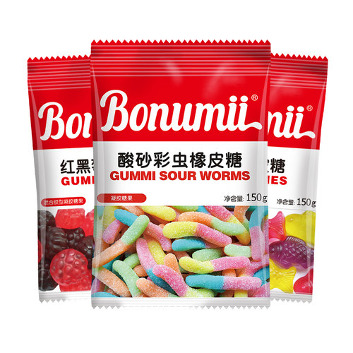 宝奴咪橡皮糖酸砂彩虫草莓可乐瓶软糖小熊儿童网红果味Q弹糖150g