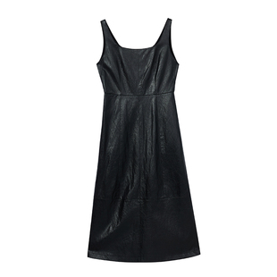 复古PU皮裙高腰背带裙女MOFAN摩凡2025冬新款方口领显瘦连衣裙