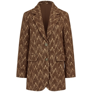 曼德诗复古人字纹西装外套女2025冬季新品针织棉质绵羊毛混纺西服