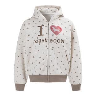 KHIAN SOON美式复古小狗爱心脚印正肩长袖连帽卫衣外套女加绒加厚