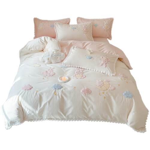 可爱云朵纯棉水洗棉四件套公主风全棉被套少女儿童小清新床上用品