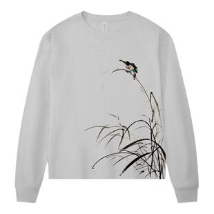 水墨沐暖手绘全棉卫衣国风新中式花鸟原创设计圆领内搭长袖上衣