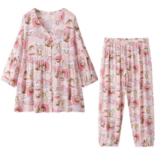 胖mm大码开衫可爱人造棉棉绸睡衣套装女春秋夏季宽松家居服200斤