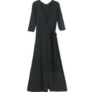 莫代尔连衣裙女春夏季v领一片式裹身收腰小黑裙性感气质开叉长裙