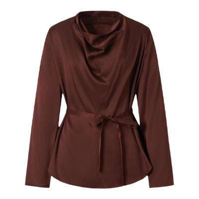 IMM尹默春19MM真丝弹力直条缎浆果酒红收腰荡领上衣衬衫女