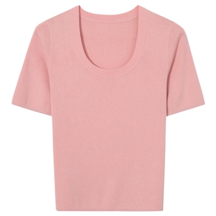 伊芙丽outlets店真丝羊绒粉色大U领短袖针织衫春秋基础打底上衣女