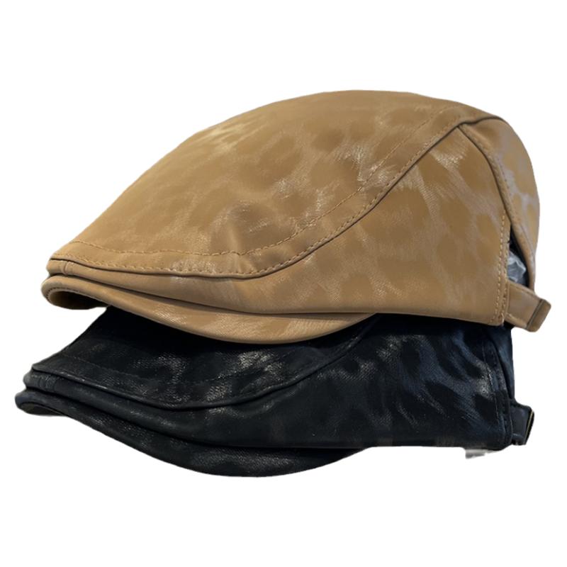 2025年春秋季新款PU皮质正反戴英伦复古街头前进帽子女豹纹贝雷帽