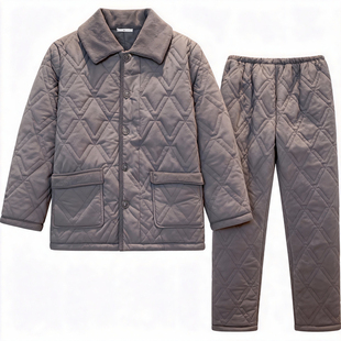 猫人睡衣男士冬季三层加厚夹棉袄加绒纯棉冬款保暖大码家居服套装