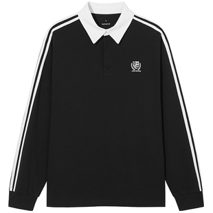 热风男士长袖T恤上衣2026年春季新款美式复古翻领长T情侣款T恤