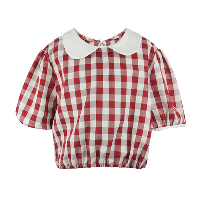 蕾丝拼接红格翻领衬衫