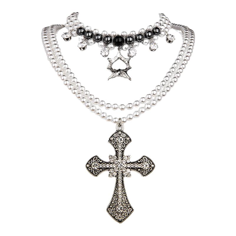 Amesoeur坠落星辰系列 十字架吊坠黑白琉璃珍珠叠戴项链法式女式