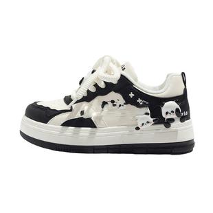 女童板鞋女孩韩版儿童百搭黑白熊猫女生皮面洋气防水夏季防滑厚底