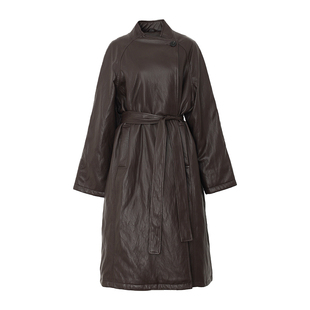 DPLAY【90白鸭绒】2025年冬季棕色羽绒服女皮衣袖口撞色外套女