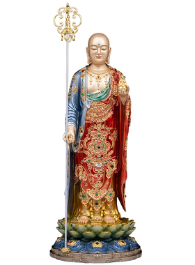 铜彩绘站立地藏王菩萨供奉摆件