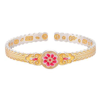 银千造 花影 描金珐琅彩足银999国风吉言银手镯2025新款银手环女