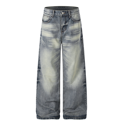 自然水洗蜂窝猫须A字型牛仔裤