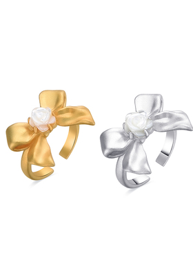 Sweet Wine玫瑰贝母哑光金属蝴蝶结戒指精致显白小众开口设计首饰