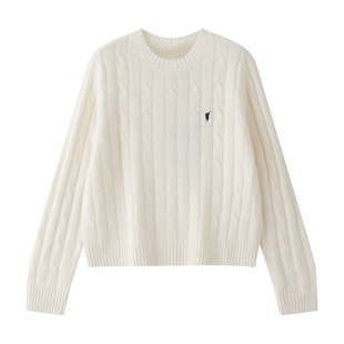 白色圆领毛衣女款2026新款复古麻花刺绣上衣长袖针织打底衫秋冬