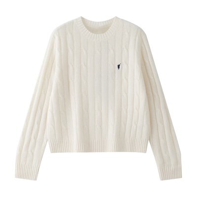 复古麻花刺绣圆领毛衣