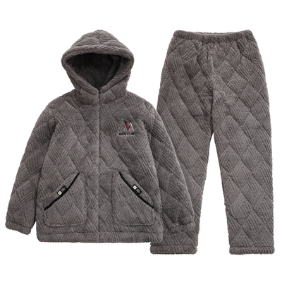 男士冬季天三层夹棉袄珊瑚绒睡衣