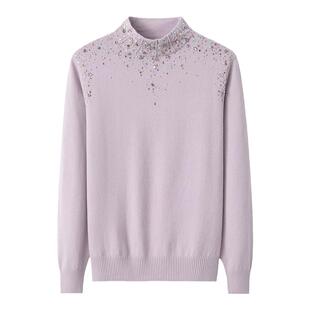 阿绒源羊绒衫女内蒙古发货半高领烫钻针织衫宽松妈妈内搭时尚毛衣