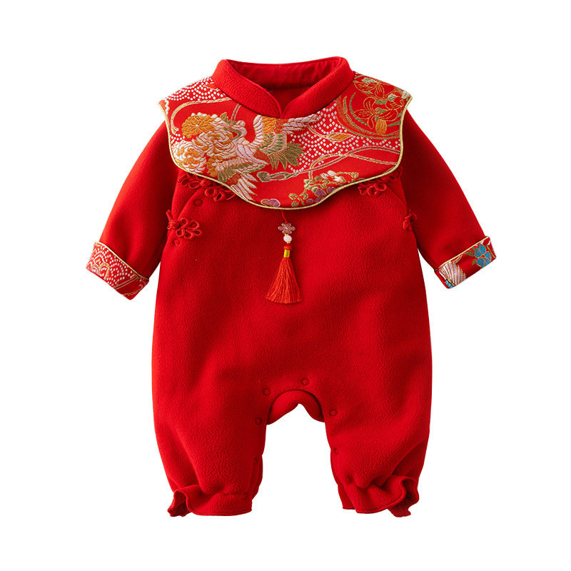 婴儿过年加绒冬装女宝宝连体衣汉服拜年服百天周岁抓周礼服爬爬服
