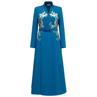 浒城古娘新款刺绣气质高端长袖新中式国风改良战袍连衣裙女款春秋