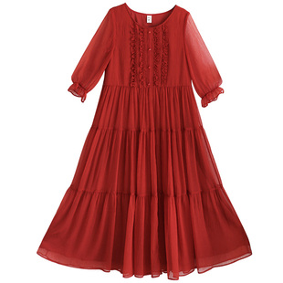 清【五月拾光】夏季圆领木耳边连衣裙女薄七分袖收腰拼接红色长裙