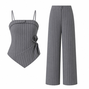 楠哥微胖大码条纹吊带阔腿裤套装女胖mm收腰显瘦通勤风气质两件套