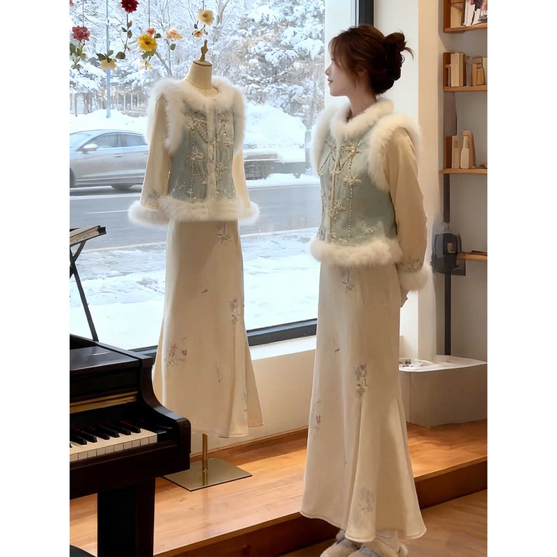 新中式国风套装改良旗袍连衣裙毛毛马甲大方得体两件套女2025冬季