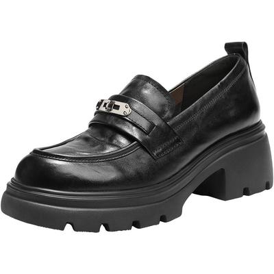 百丽复古厚底真皮JK乐福鞋女2026春季新款黑色小皮鞋子E9M1DAA6