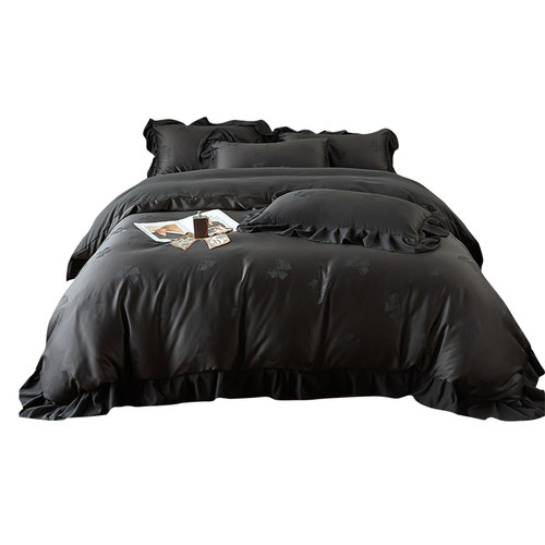 轻奢风黑色提花蝴蝶结花边四件套柔软床上用品被套被罩床单三件套