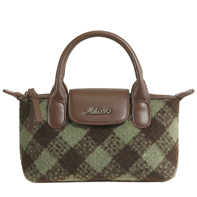 爱路喜包包女小众设计感秋冬呢子绿色格纹上班迷你手提斜挎饺子包