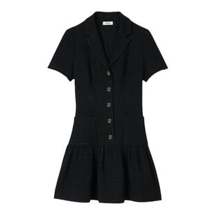 SANDRO春秋款女装法式时尚气质黑色系扣花呢短款A字连衣裙小黑裙