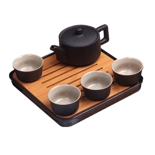 复古黑陶日式茶具简约小套装陶瓷1茶壶2杯干泡茶盘便携式粗陶茶具