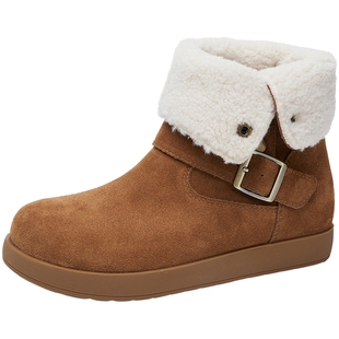 百田森保暖雪地靴女款2025新款冬季厚底加绒勃肯鞋一脚蹬真皮女鞋