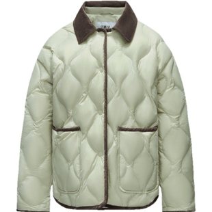 森马羽绒服女中长款轻薄拼接灯芯绒翻领2024冬季新款三防外套复古