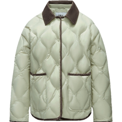 森马羽绒服女中长款轻薄拼接灯芯绒翻领2024冬季新款三防外套复古