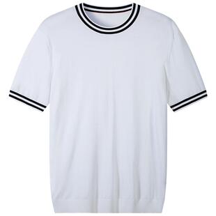 【桑蚕丝混纺】撞色条纹包边短袖T恤舒适透气时尚休闲圆领半袖男