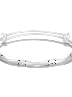香港正生足银9999足银手镯女小众设计感调节可爱猫咪足银镯子礼物