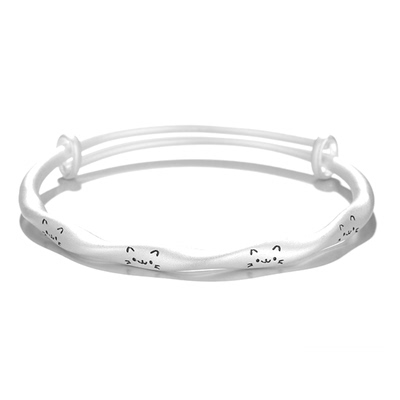 香港正生足银9999足银手镯女小众设计感调节可爱猫咪足银镯子礼物