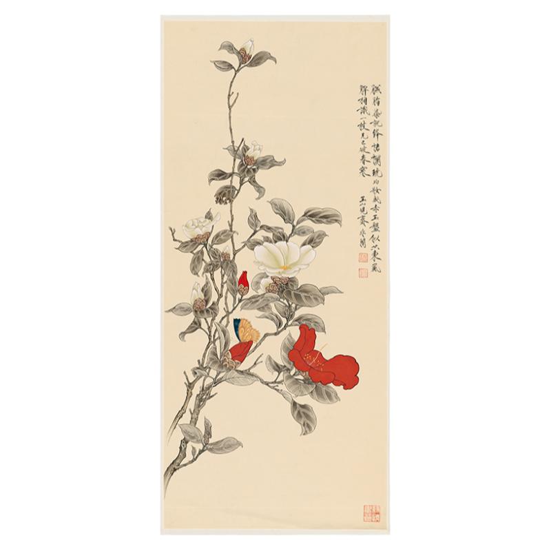 于非闇红白茶花近现代风竖幅工笔