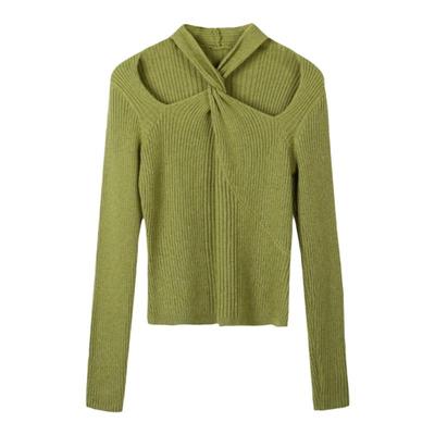 法式挂脖露肩长袖上衣秋